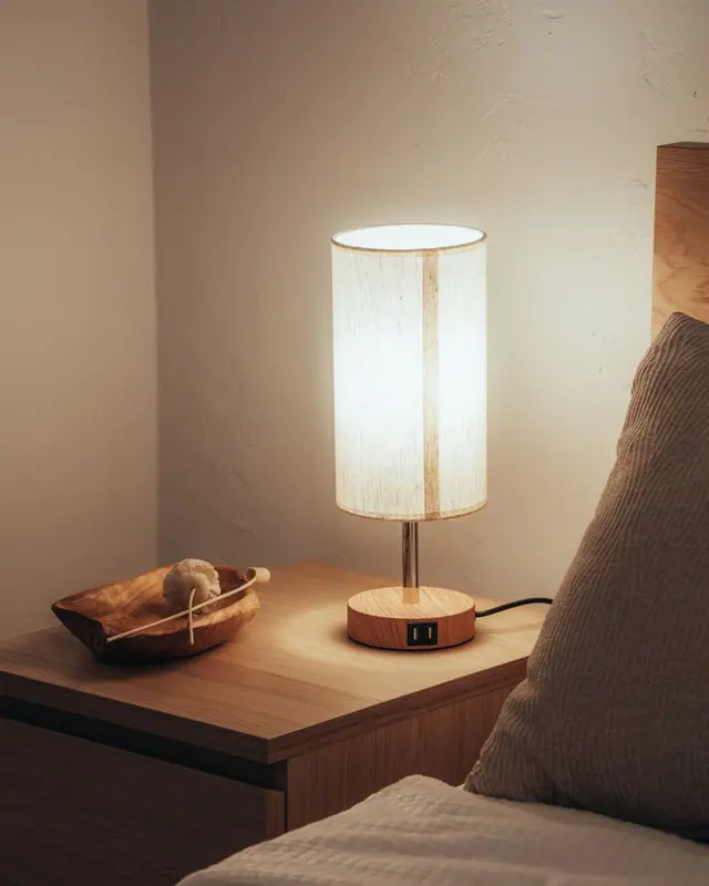A glowing bedside lamp on a wooden nightstand