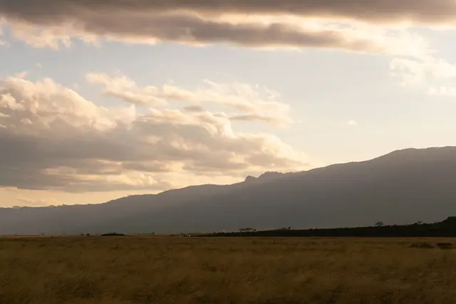A soft evening sky over a dark ridge and grassland in Kenya