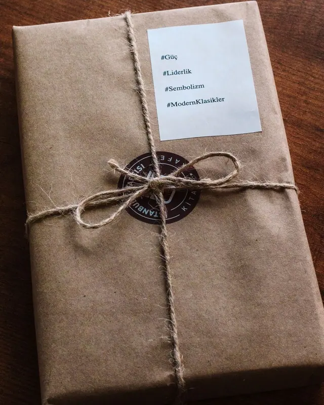 A brown paper parcel tied with string and a small label