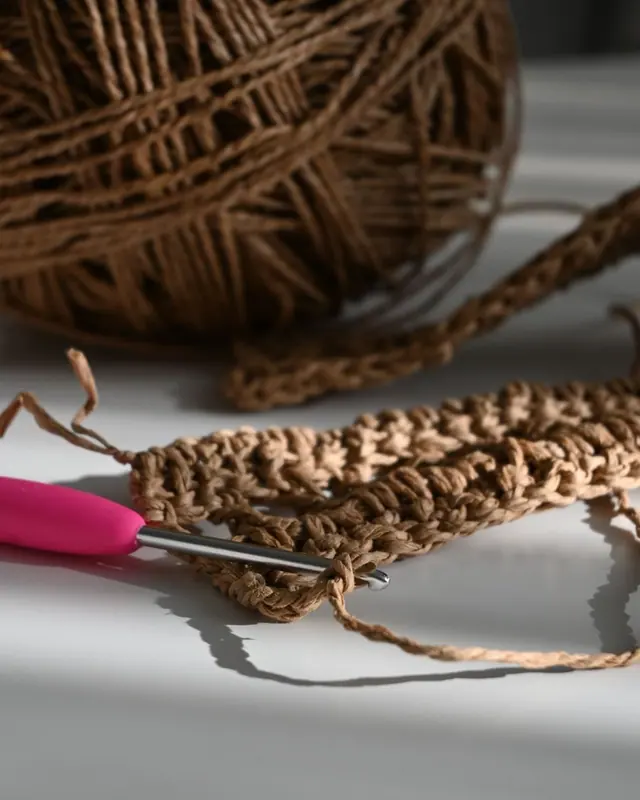A brown yarn ball with a crochet hook and small work in progress