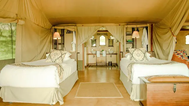A safari tent room with twin beds and warm canvas