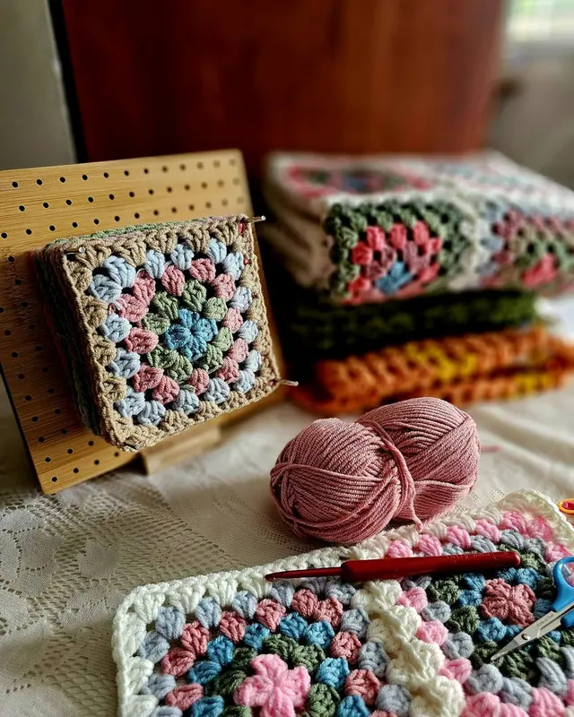 Granny square crochet pieces beside a pink yarn ball