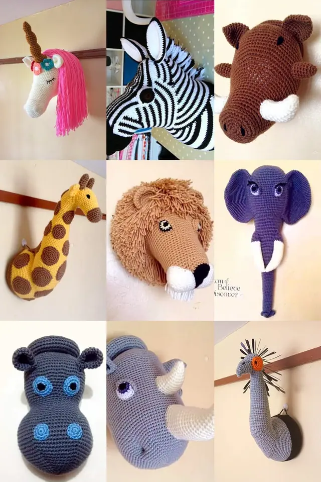 Collage of nine crocheted wall-mounted animal heads: unicorn, zebra, warthog, giraffe, lion, elephant, hippo, rhino and a long necked grey bird.
