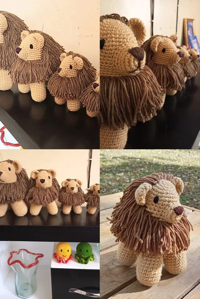 A collage of four photos showing crocheted lions in a line from largest to smallest on a black shelf, and a single tan lion with a brown mane on a wooden table outdoors.