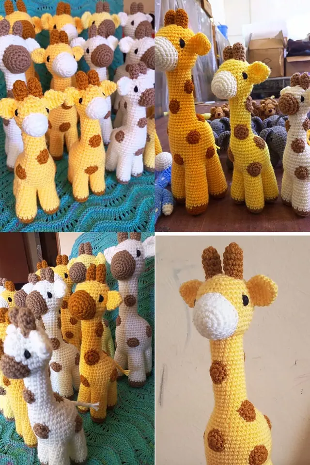 A collage of four photos of crocheted giraffes in yellow, mustard and cream with brown spots, shown on a teal blanket, on a workshop table and against a wall.